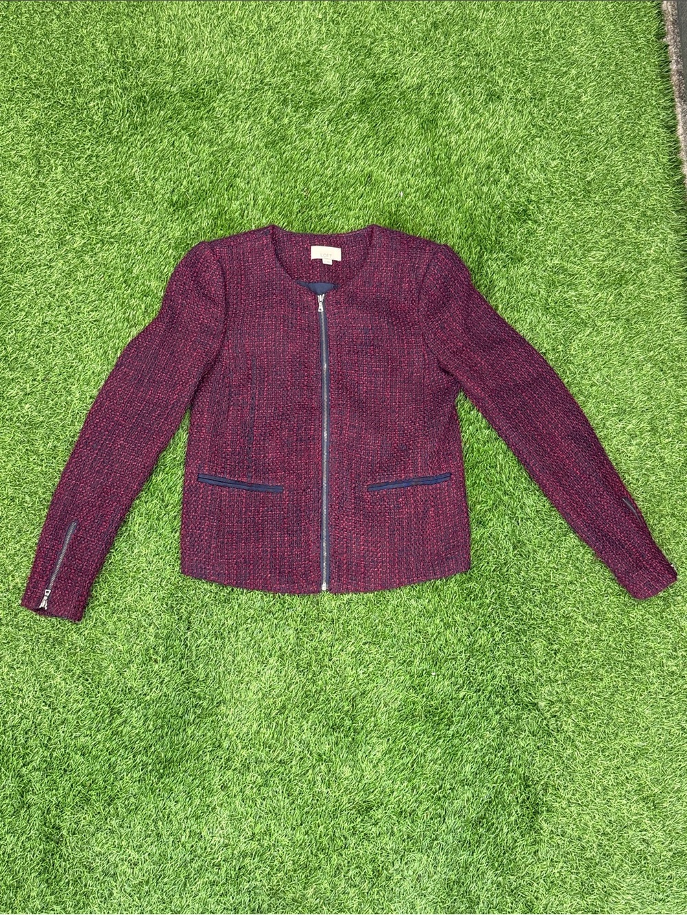 LOFT Tweed Zip-Front Jacket in Deep Berry with Navy Trim